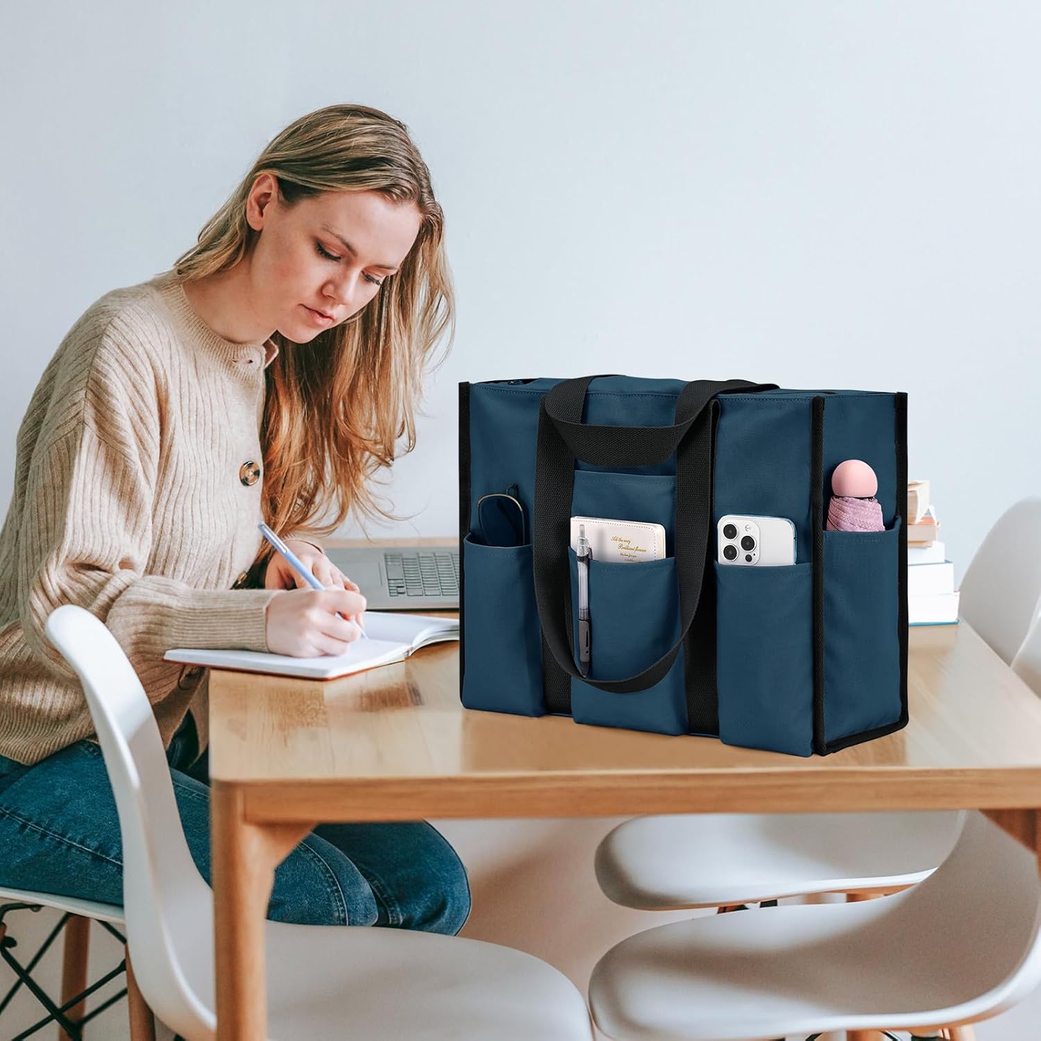 mirlewaiy Large Tote Bag for Women Waterproof with 12 Pockets Top Zipper Closure Utility Teacher Nurse Bags for Work School-Dark Blue