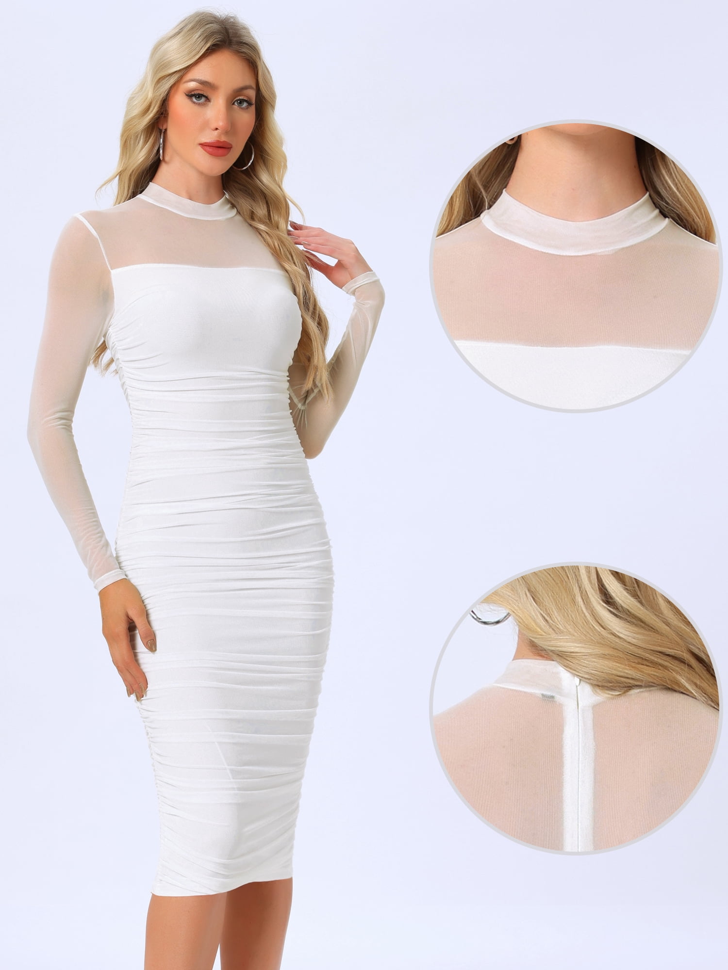 DARING DIVA Mesh Ruch Elegant Cocktail Bodycon Dress XL White