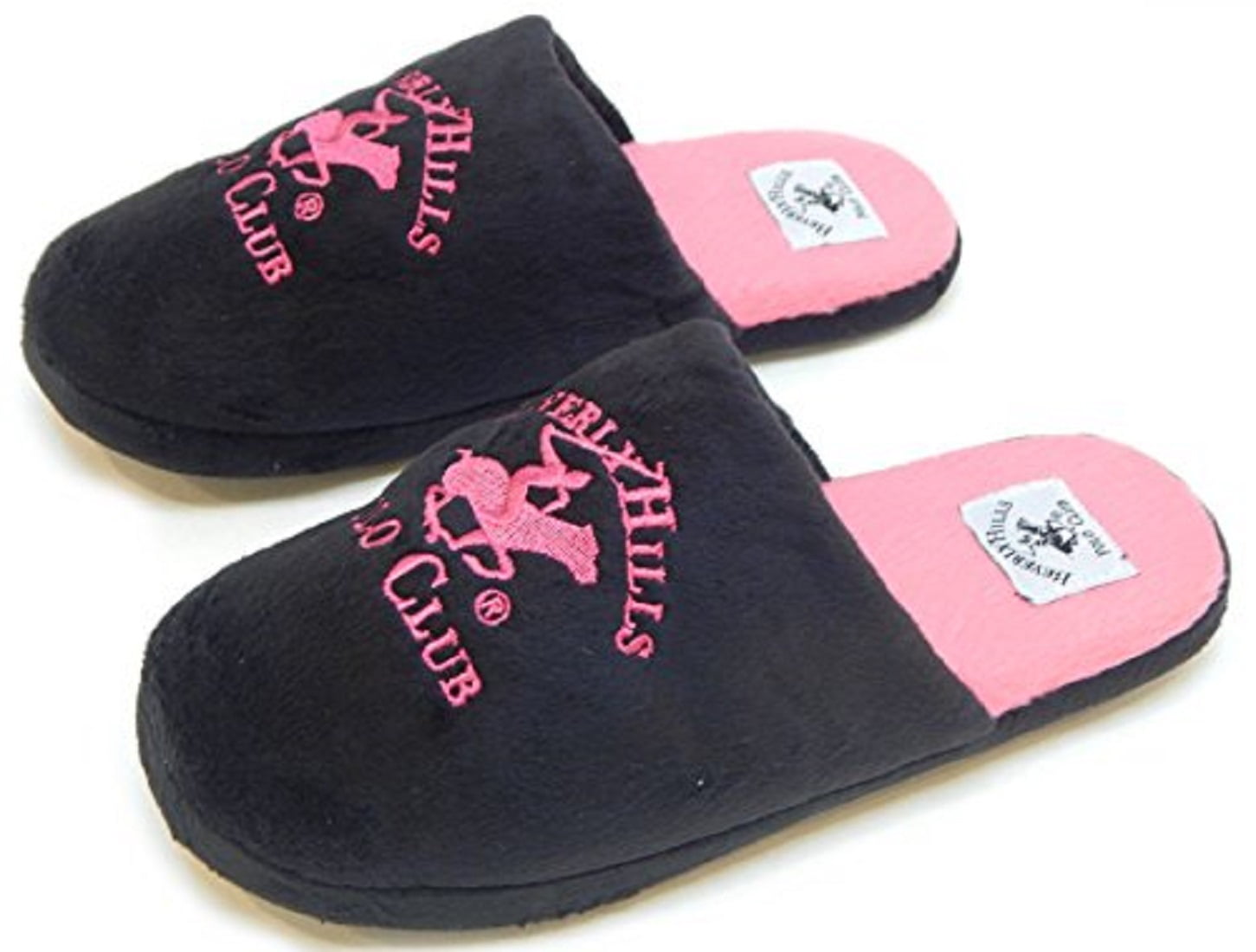 Beverly Hills Polo Club Ultra-Soft Women's Plush Scuffs Cozy Non-Skid Slippers - Great for Gifts (Large, Black - Pink)