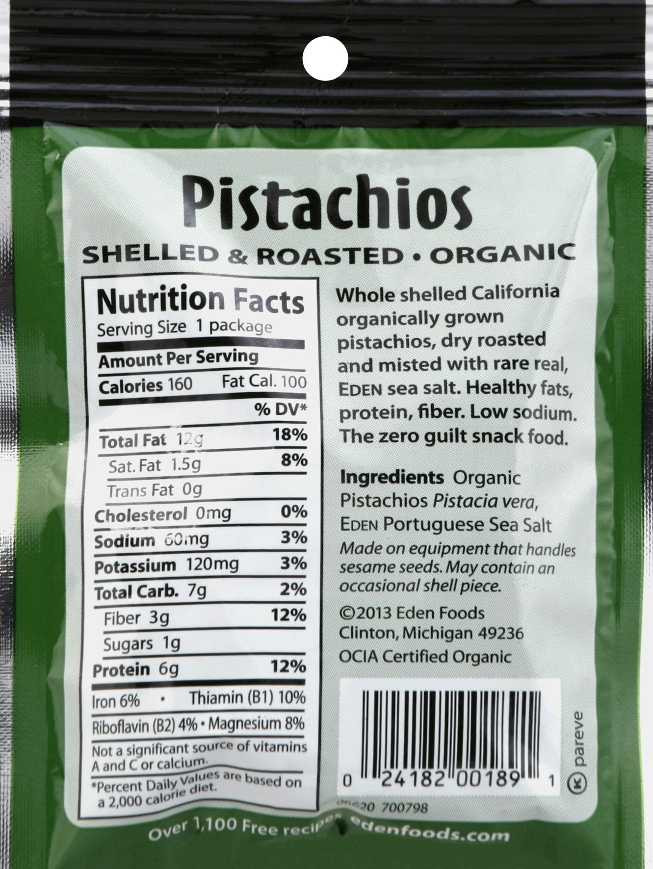 Eden Foods Pocket Snack Pistachios Roasted 1 oz (Pack Of 12)