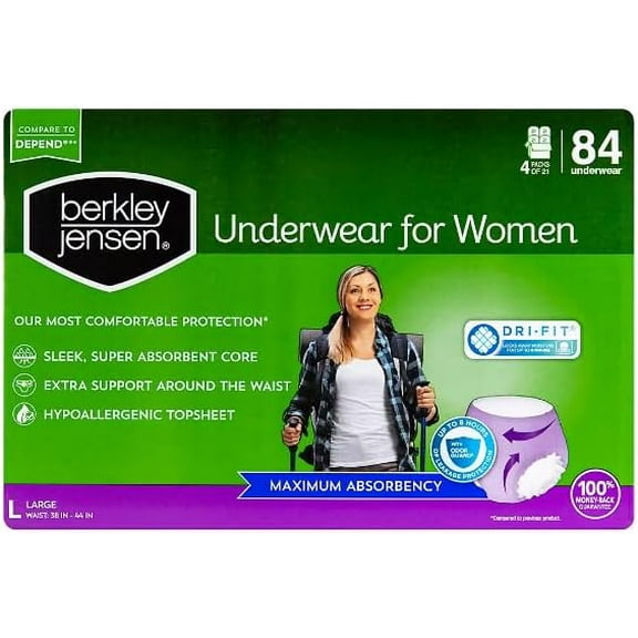 Berkley Jensen Incontinence and Post Partum Underwear for Women, Size Large, 84 ct.
