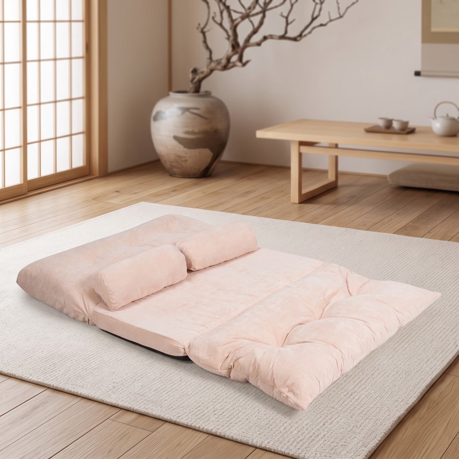 Furnibear 6-Position Adjustable Floor Sofa Bed, Foldable Sleeper Lounge Couch with 2 Pillows, Padded Corduroy Recliner Chair for Living Room Bedroom, 330 lbs, Beige