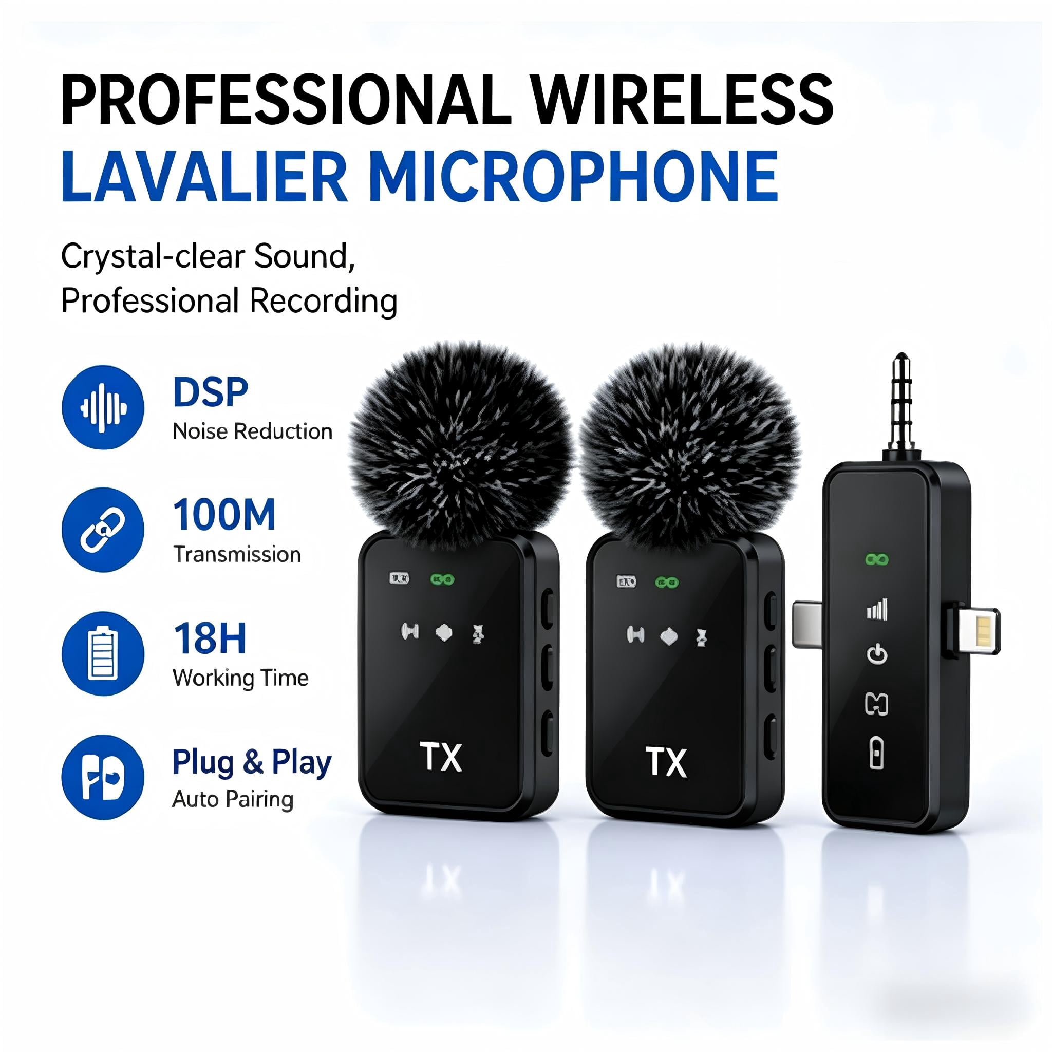Boyun Daj 3 in 1 Microphone for iPhone/Android/Camera, Wireless Lavalier Microphone, 328ft Transmission, 18H Battery Life, Mini Microphone for Record Interview, Vlogs, YouTube, Tiktok