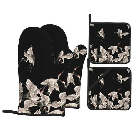 

Oven Mitts and Pot Holders Sets 4 pcs Japanese White Crane Non-Slip Oven Gloves Potholders Soft Quilted Lining Heat Resistant Gloves Hot Pads for Kitchen Cooking Baking