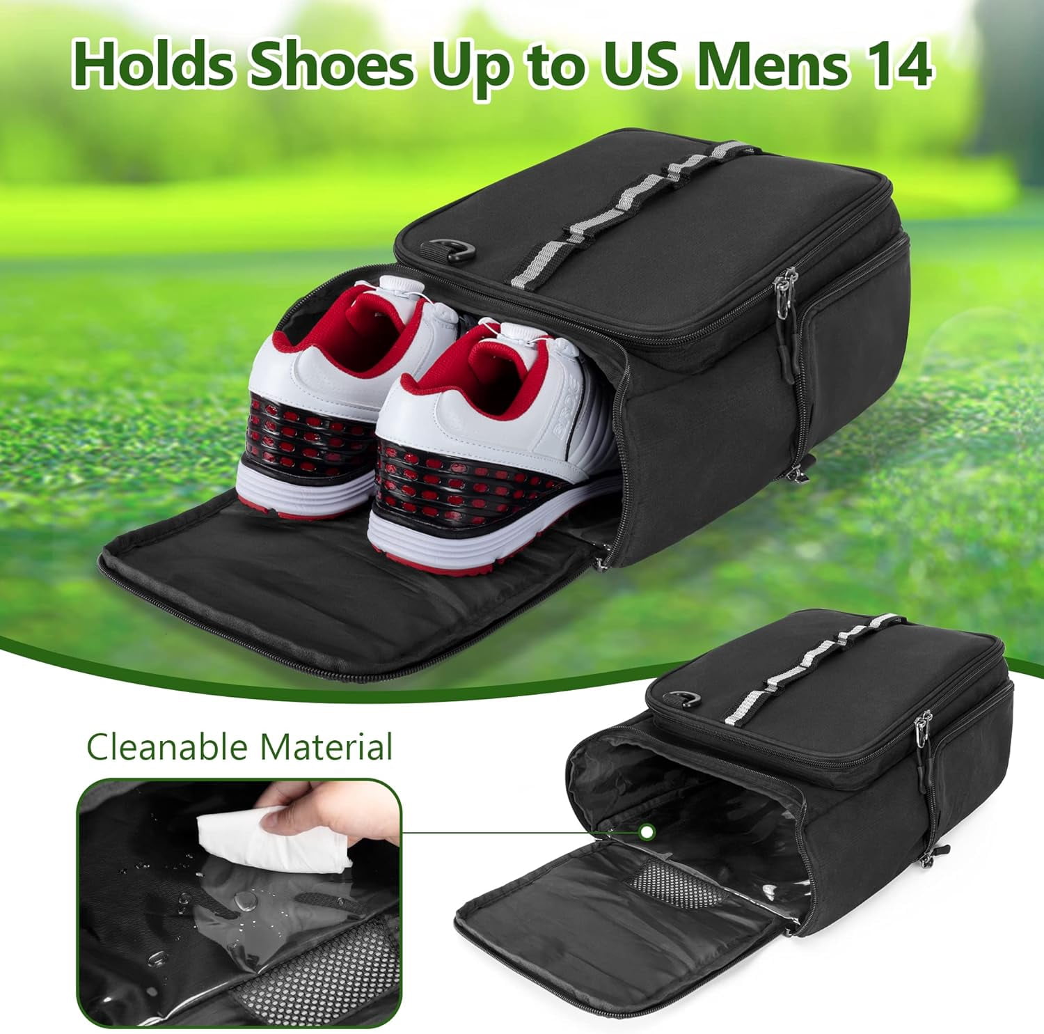 Golf Shoe Bag Holds A Pair of Shoes, Golf Shoe Carrier with Gloves Holders, Front and Side Accessory Pockets for Tees, Gloves and Ball, Black