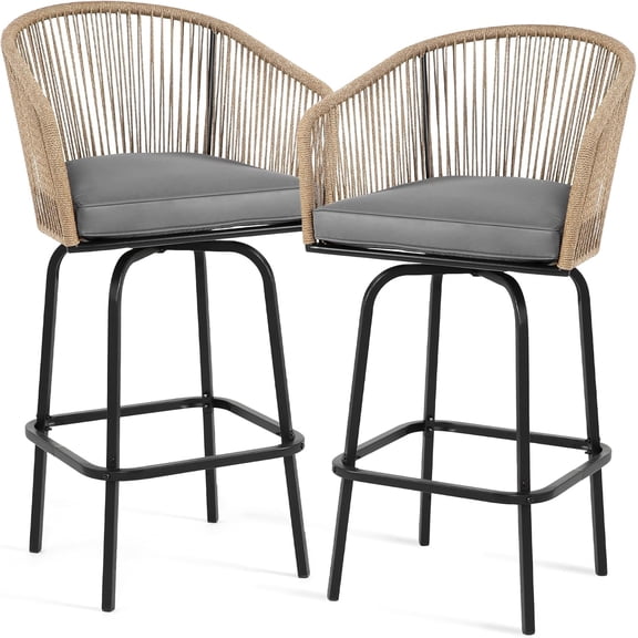 HOMEFUN Outdoor Bar Stools Set of 2 - Handwoven PE Rope Patio Bar Chairs with 360° Swivel Base, Cushions and Metal Frame, All-Weather Counter Height Bar Stools with Back for Balcony, Garden