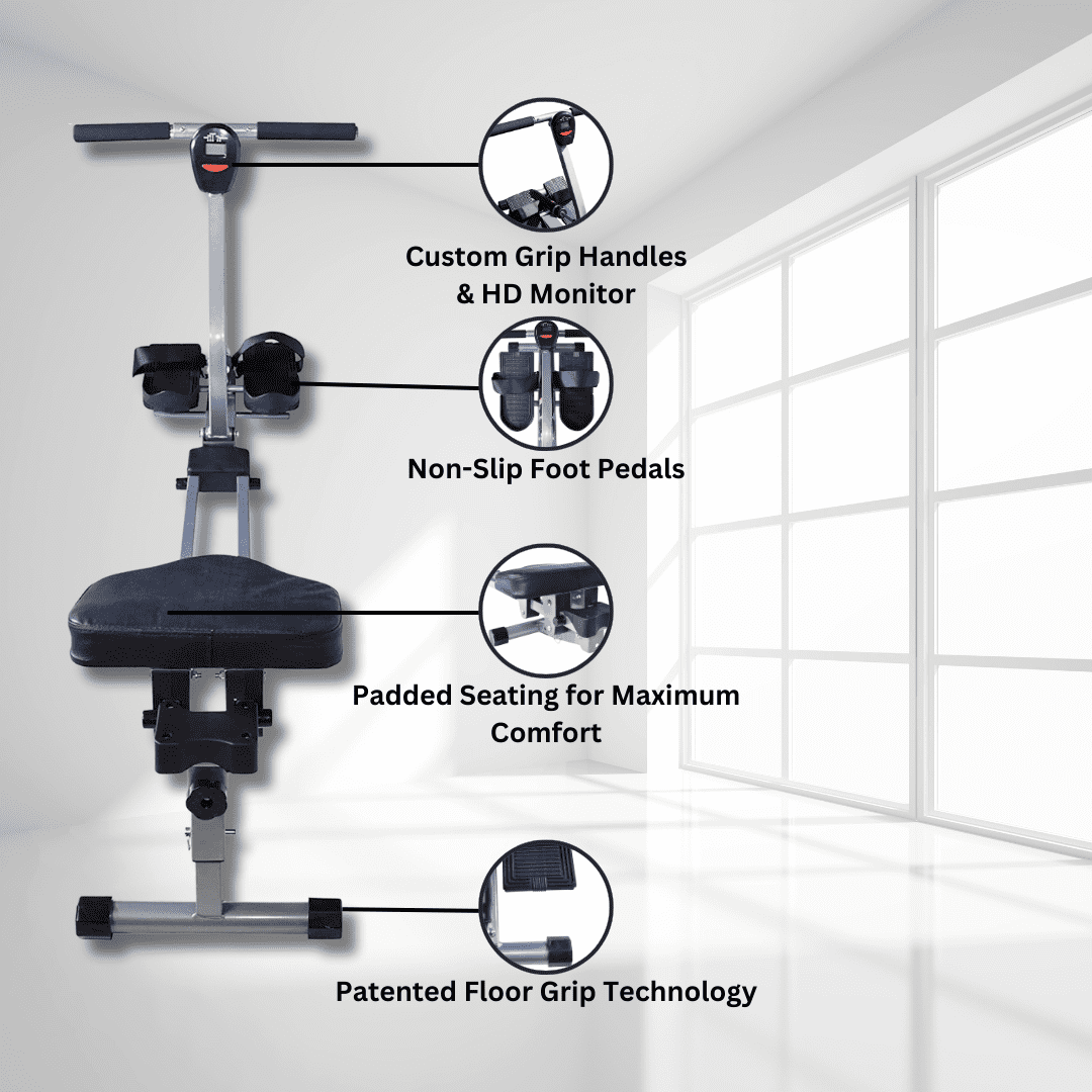 Iron Bar Fitness Foldable Rowing Machine: Ideal for Home Cardio Exercises, featuring a 12-Level Adjustable Hydraulic Resistance System. Comes with a Digital Monitor and a Cushioned Comfort Seat