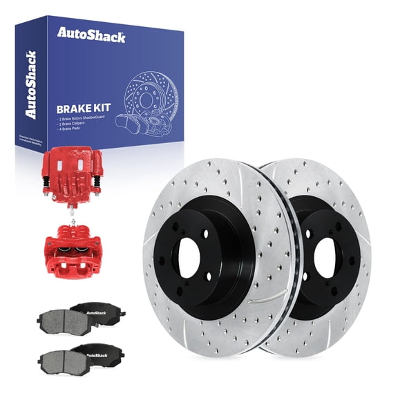 AutoShack Front Brake Rotors, Ceramic Pads & Red Calipers for Subaru, Outback 2005-2012 Forester 2009-2010, AWD H4 2.5L H6 3.0L - E-Coated Drilled & Slotted - ShadowGuard - 11.55" (293.4 mm), 5-Lug