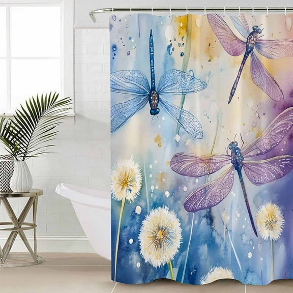 Purple Summer Dragonfly Bathroom Curtain 72 Inch Shower Curtain with Hooks, Spring Floral Watercolor Waterproof Polyester Bath Curtain Washable Bathtub Curtain 60''x 72''