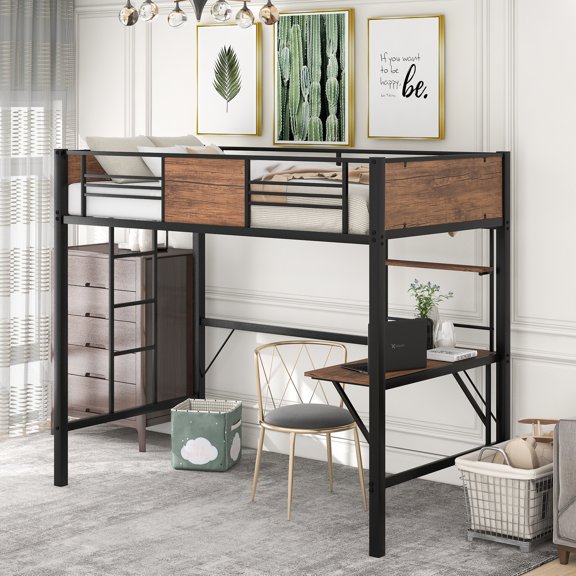 Euroco Twin Metal Storage Loft Bed with Desk, Brown