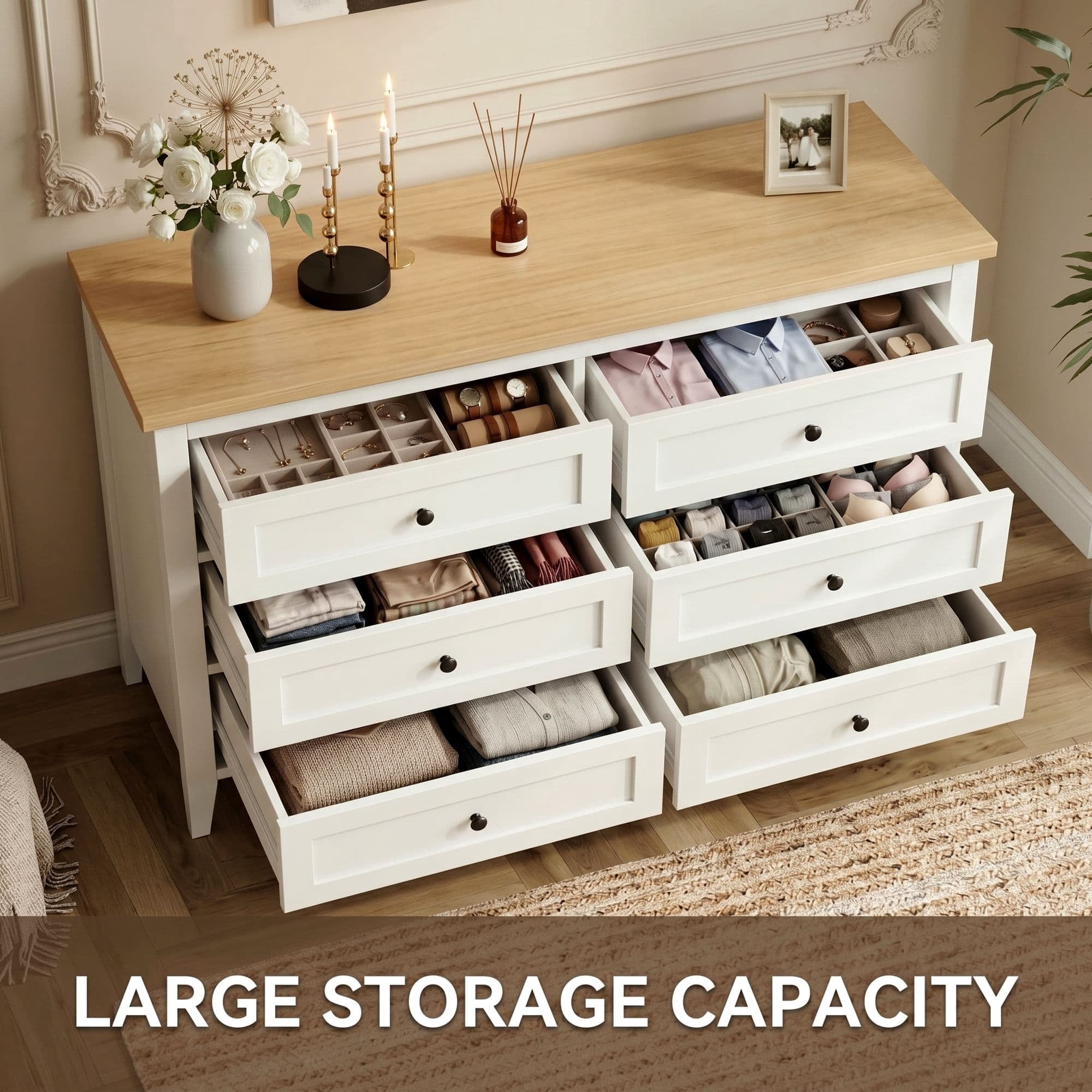 RichYa 6 Drawer Dresser for Bedroom,Chest of Drawers with Metal Knobs,Dresser for Closet,Kids,Wood