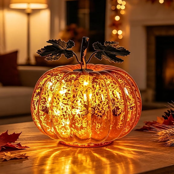 Mercury Glass Pumpkin Lighted Fall Halloween Thanksgiving Decor Gift | Fall Pumpkin Lights with Timer Gold Starry Night Pumpkins Autumn for Indoor Outdoor Table Office Decor or Gifts