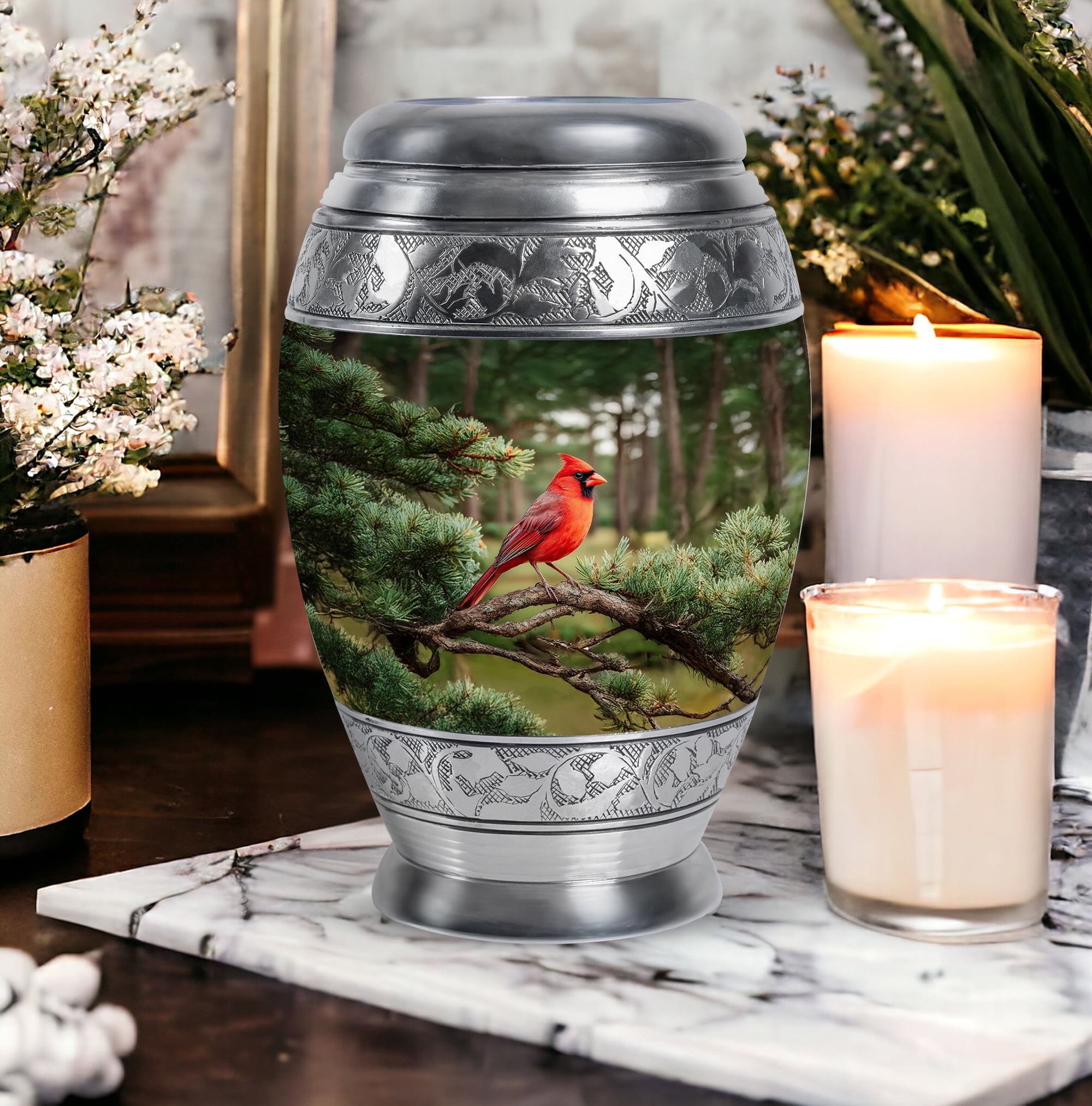 Cardinal Bird Cremation Urn For Mom And Dad, Tree Memorial Urn For Adult, Sunset Funeral Urns For Adult Male, Keepsake Urns For Ashes Set Of 4 And 1 Large (10&3) Inch Combo