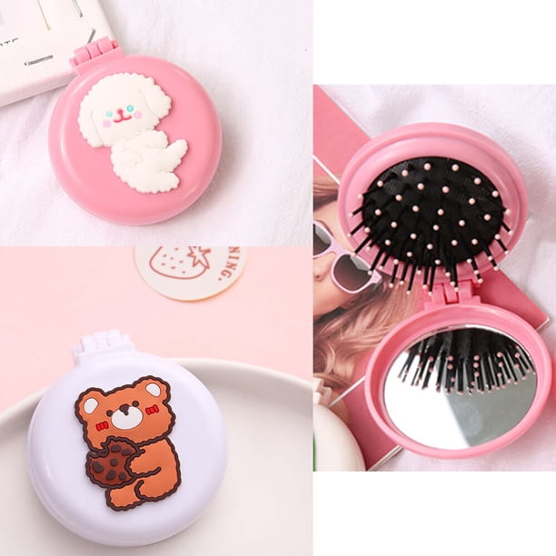 Paquete de 2 cepillos de pelo con espejo de viaje con diseño de cachorro y oso, cepillo de bolsillo plegable, mini peine redondo portátil, peine de masaje compacto de tamaño viaje.