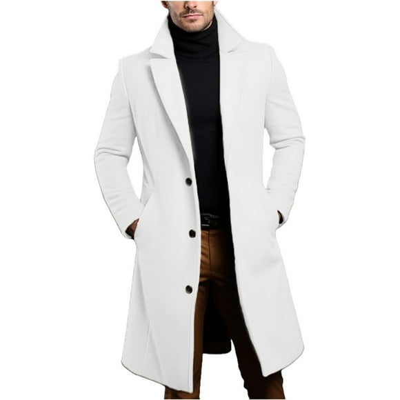 Lovzfmll Men's Wool Blend Trench Coat Notched Lapel Side Pockets Mid-Length White, XL