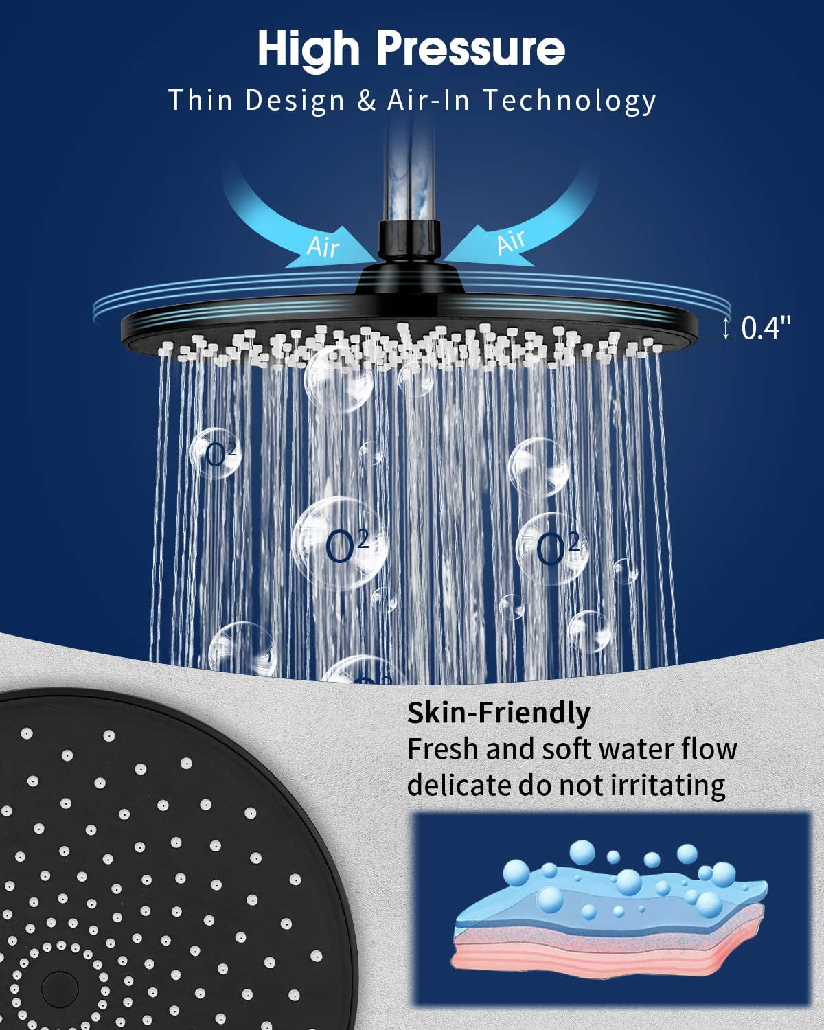 Rain Shower Head 9In High Pressure Showerhead - Tool Free Installation- with Large Spray Surfaces and 200 Nozzles for Delicate and Unstimulate Shower Experience (EM-001 Matte Black/Black)