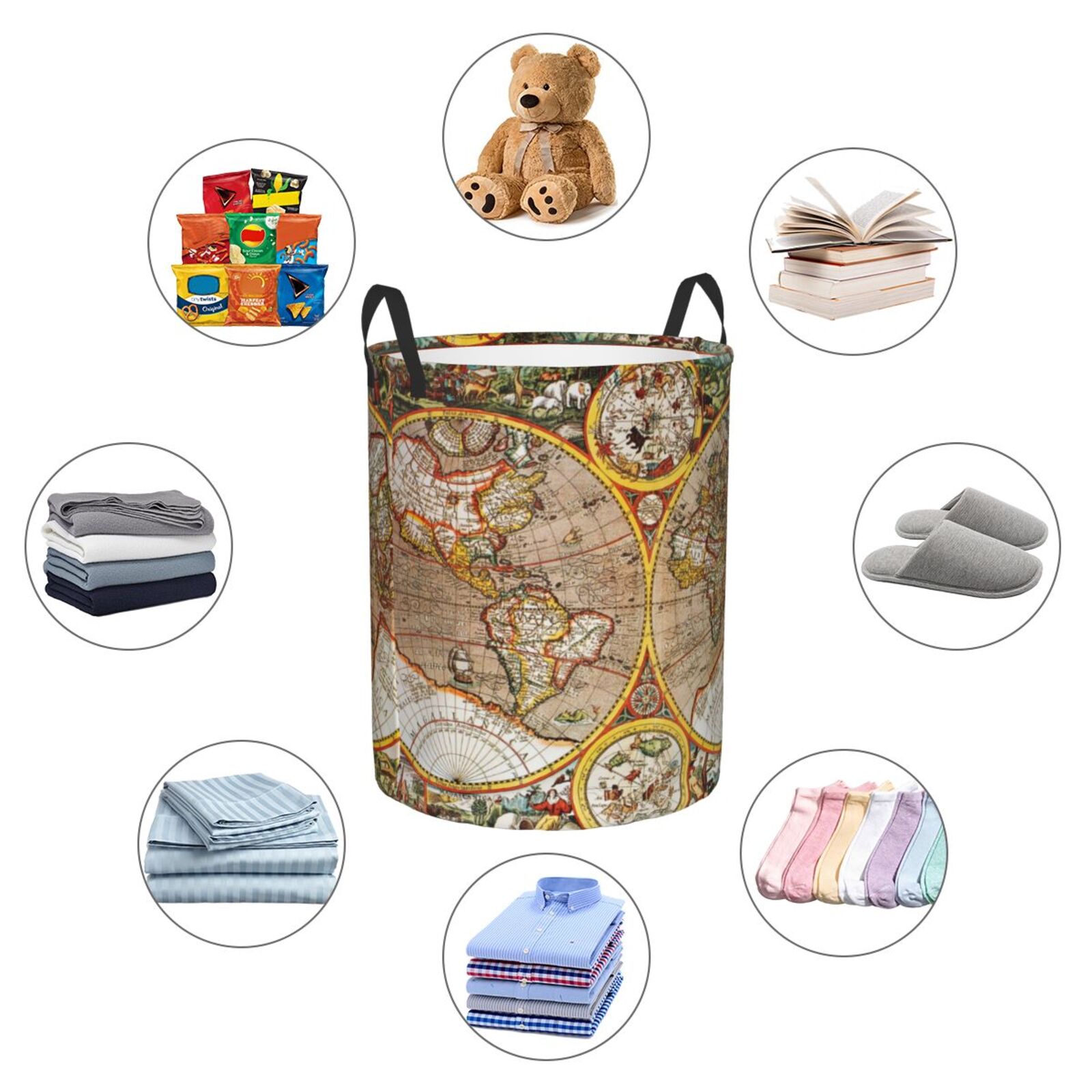 Large Laundry Basket with Handles - World Map (3) Kids Baby Dirty Clothes Laundry Hamper for Bedroom Aesthetic