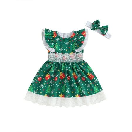 

Acuteok Toddler Girls 2 Piece Outfits Christmas Print Lace Patchwork Dress and Headband for Party Summer Clothes