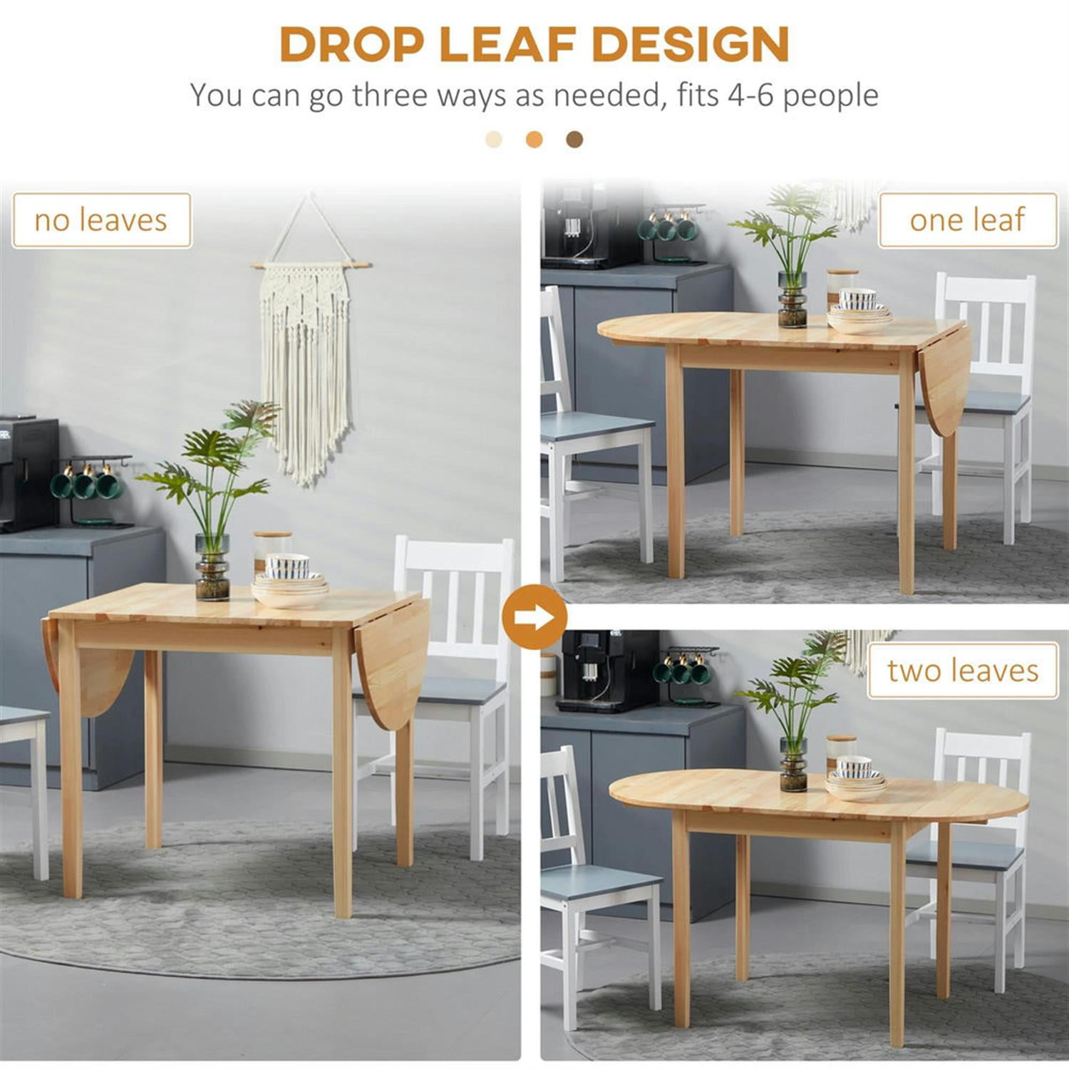 Demi Bonn 55" Solid Wood Rustic Kitchen Table, Drop Leaf Dinner Table for Dining Room, Home Office, Living Room Furniture, Beige