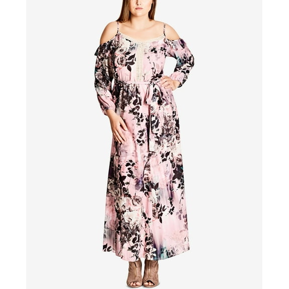 City Chic Trendy Plus Size Printed Cold Shoulder Maxi Dress Divine Rose 20W