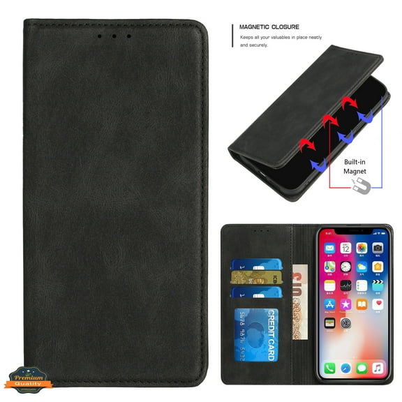 For Samsung Galaxy S24 5G Wallet Premium PU Vegan Leather ID Credit Card Slot Money Holder with Magnetic Closure Pouch Flip Cover ,Xpm Phone Case [ Black ]