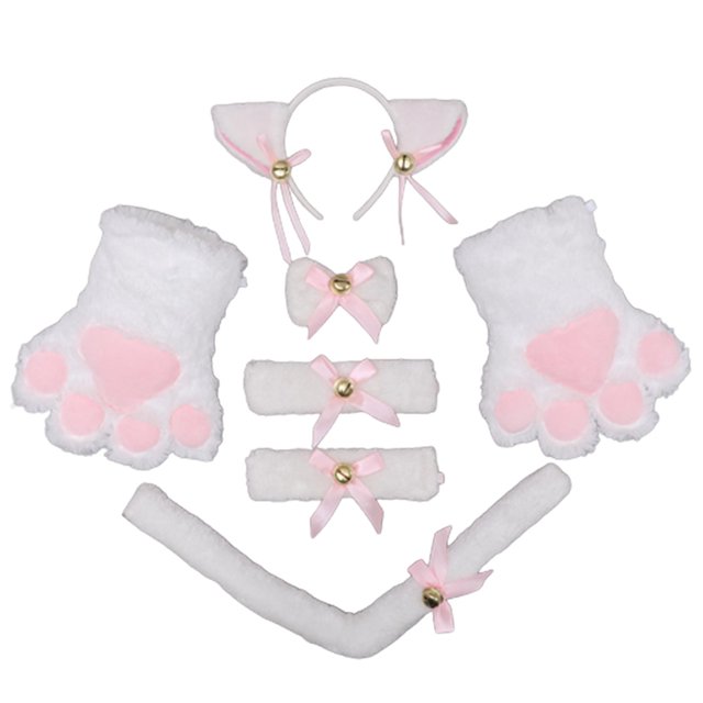 Disfraz de gato de 7 piezas: oreja y cola de gato, collar, 2 campanillas, 2 guantes de patas para accesorios de Halloween MFZFUKR CPB-SSW1784-3