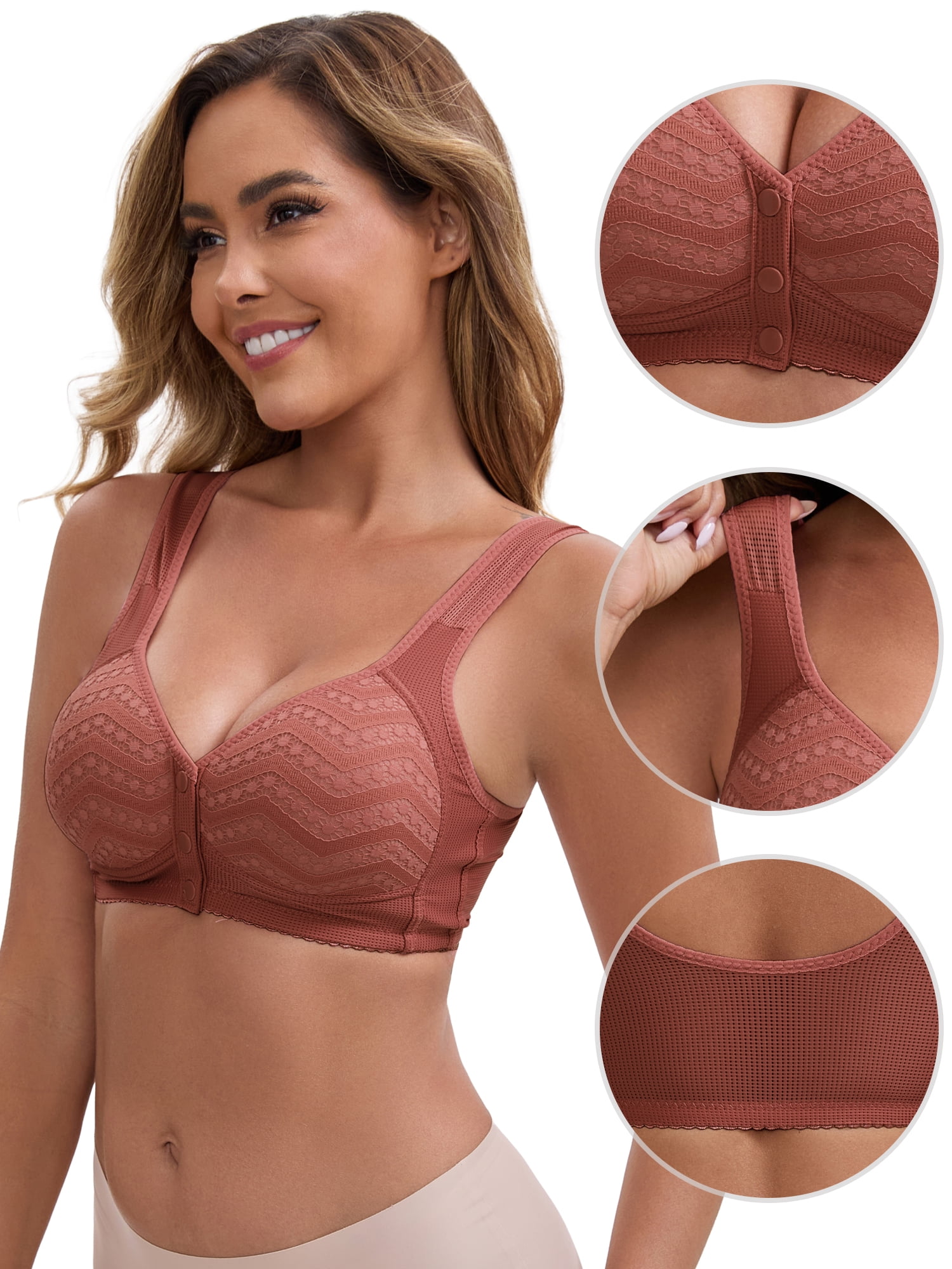 DARING DIVA Women's Lace Front Closure Push Up Wide Strap Bra XXL Dark Pink