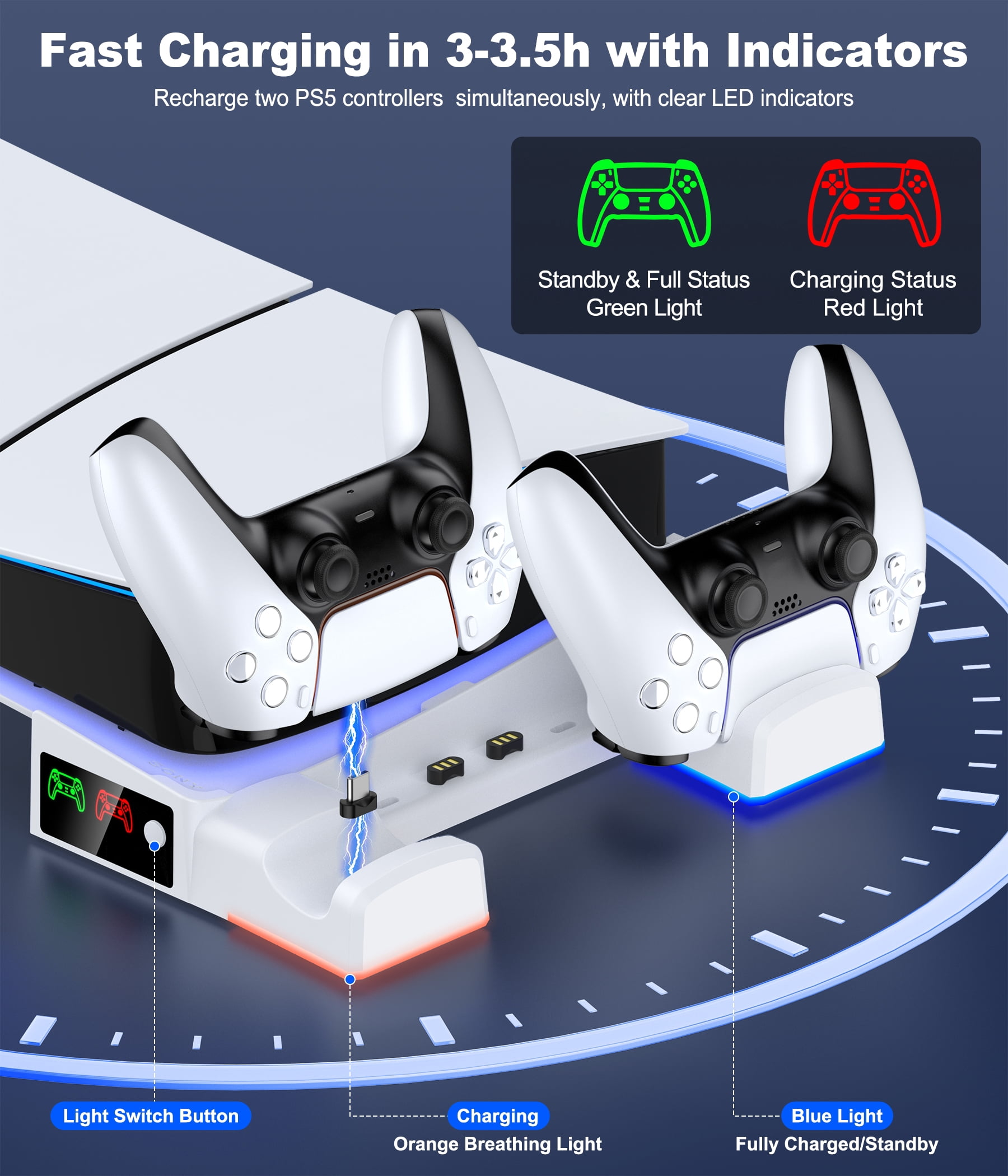 PS5 Slim Horizontal Stand Station with Controller Charger for Playstation 5 Pro/PS5 Slim Digital & Disc Console with Fast Charging