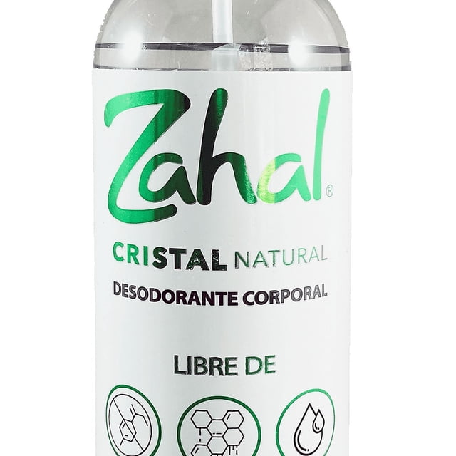 desodorante corporal natural zahal en spray 240ml Botella spray cilíndrica 240 ml blanca y transparente con logo Zahal en verde, texto «Cristal Natural» y «Desodorante Corporal», menciona piedra de alumbre, libre de parabenos y sin alcohol; dosificador superior y fondo blanco.