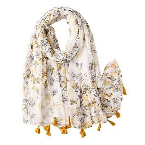 StylesILove Women Yellow Grey Butterfly Printed Lightweight Tassel Oblong Scarf