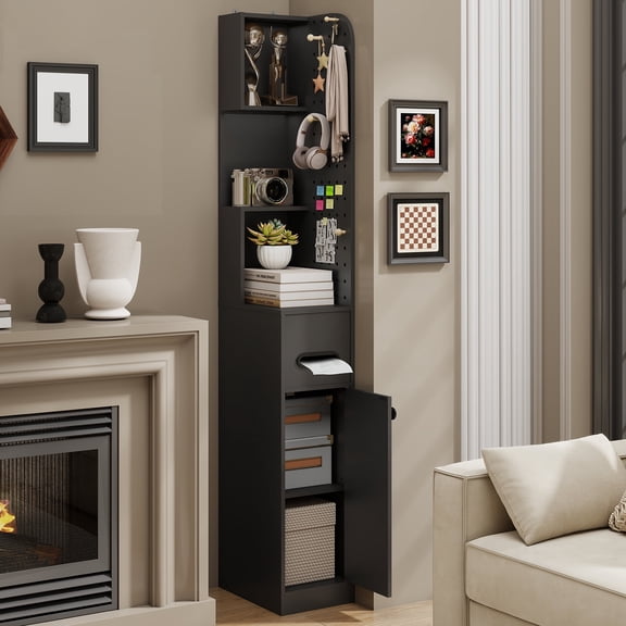 FULLWATT 65" Tall Bathroom Storage Cabinet, Narrow Bathroom Organizer with Pedboard and Adjustable Shelf, Slim Space Saver with Drawer for Living Room, Kithchen, Black
