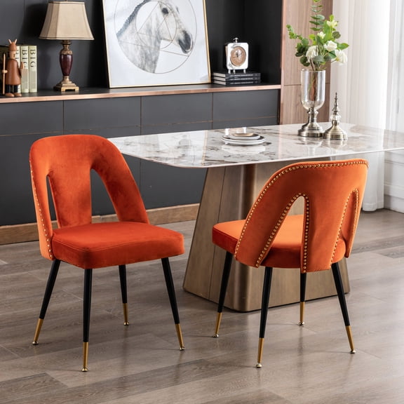 Orange Velvet Dining Chair Set with Gold Accents and Nailheads / Perfect for Formal Dinners