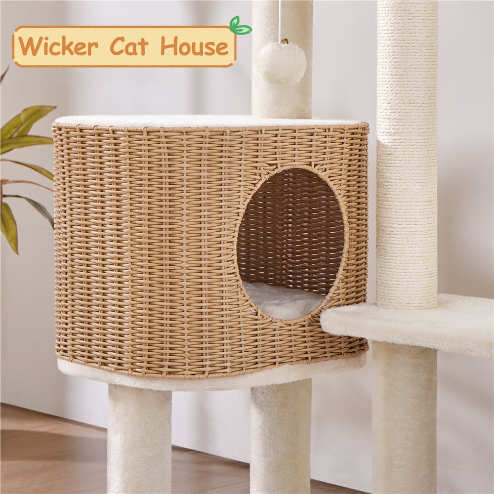 Yaheetech 35.8" Tall Rattan Cat Tree with Woven Condo and Nest, Beige