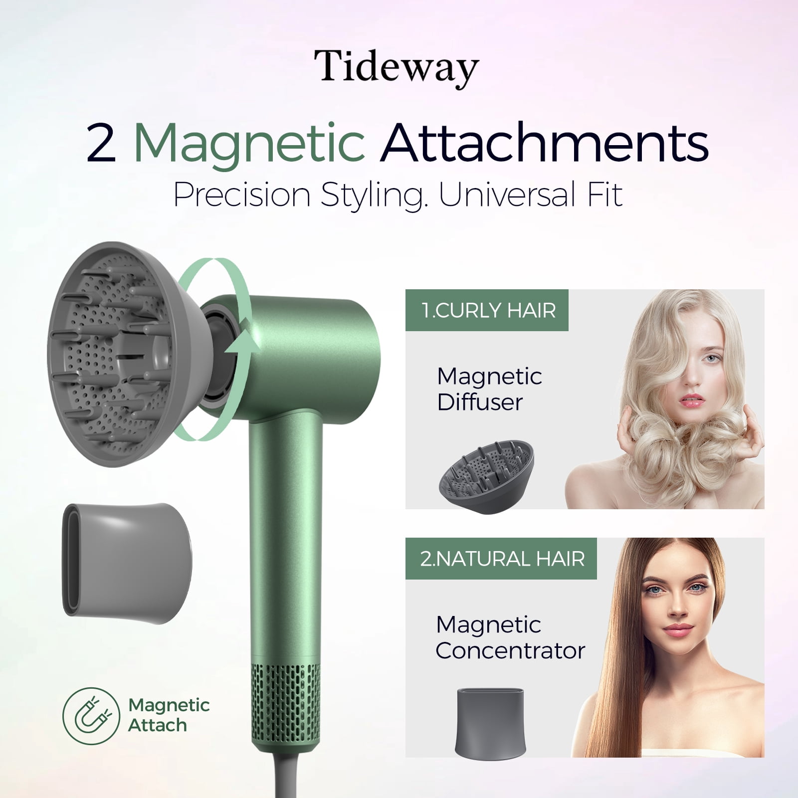 Tideway H11 Hair Dryer with Diffuser, High-Speed 110,000 RPM Brushless Motor, Plasma Tech, Smart Temp Control, Lightweight, Green