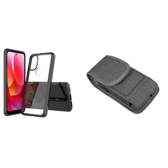 Bemz Case Bundle for Moto G Power 2022 - Fusion Impact Resistant Protection Cover (Black/Clear Back) with Vertical Nylon Belt Holster Wallet Carrying Pouch (Dark Grey)