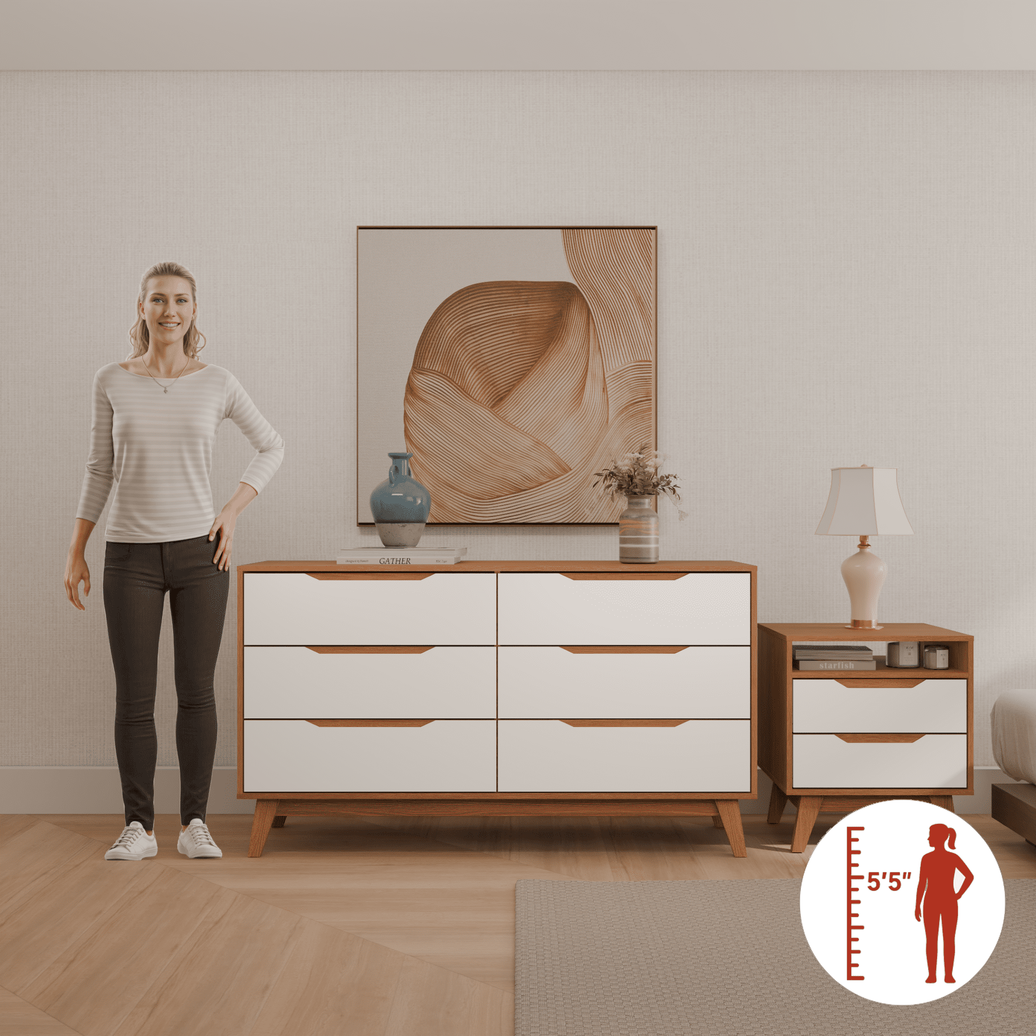 Kappesberg Bedroom Furniture Set with 6-Drawer Dresser and 2-Drawer Nightstand Golden Oak/White – Modern Storage Combo