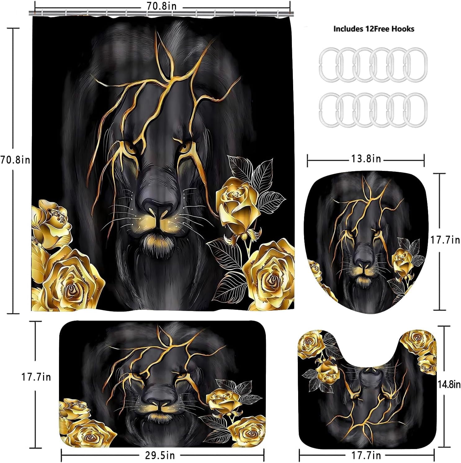 4 PCS Gold Rose and Lion Bathroom Set with Shower Curtain Set with Rugs, Gold Bathroom assessories, Black Lion Shower Curtain