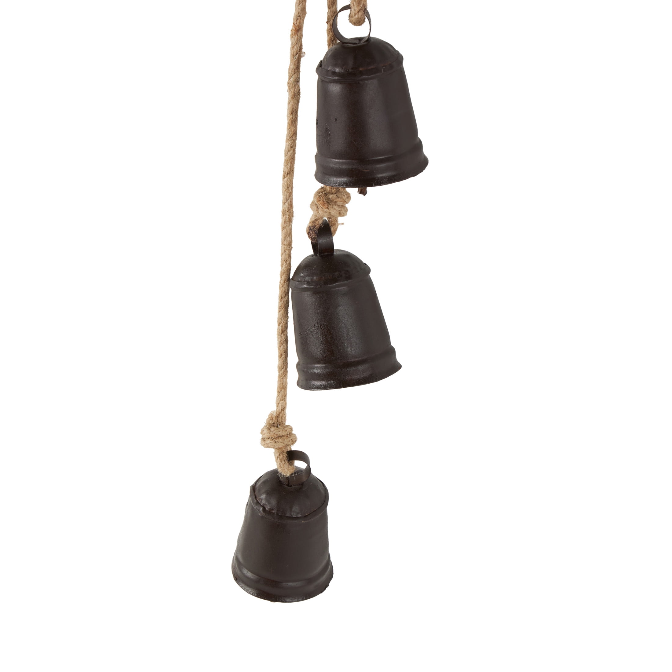 DecMode Tibetan Inspired Cascading Dark Brown Metal Cylindrical Decorative Bells with 4 Bells on Jute Hanging Rope