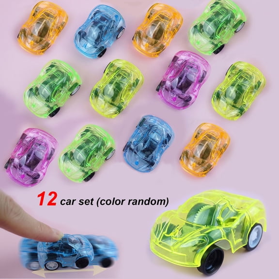 12 Pack Pull Back Cars, Mini Transplastic Friction Powered Toy Vehicles, Random Color Assortment, Party Favors for Toddlers, No Battery Early Learning Gift