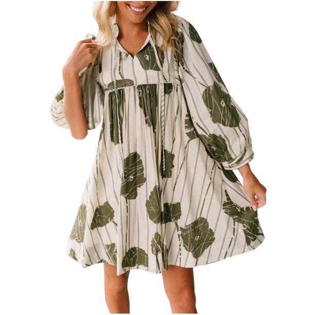 Vestido de Manga Corta para las Mujeres, V-Cuello Impresión Empalme Encaje Hasta Vestido Suelto, Moda Casual Midi