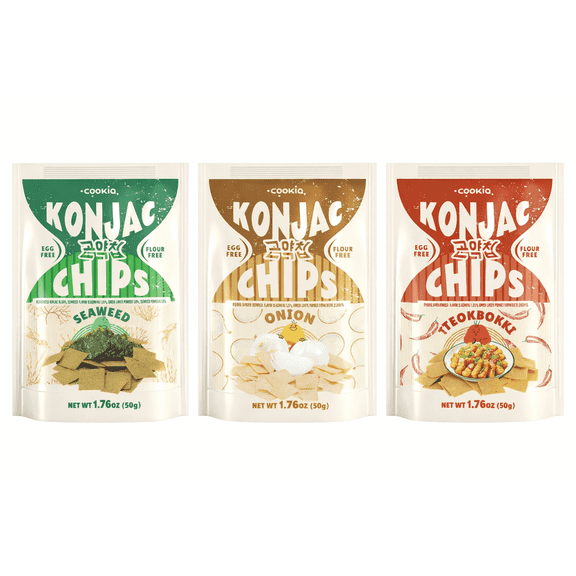 Konjac Chips Variety Pack, Vegan Korean Snack Chips, Seaweed Onion Tteokbokki Flavors, Egg Free Flour Free Plant Based Crispy Snack, 1.76 oz (3 Pack)