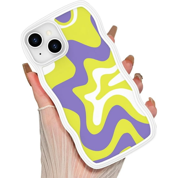 for iPhone 13/14 Case for Women Girls Cute Painted Blue Wavy Water Streak Design Case Shock-Absorbing and Fall-Resistant, Lens Edge Raised Protection for iPhone 13/14 Case 6.1"-Yellow