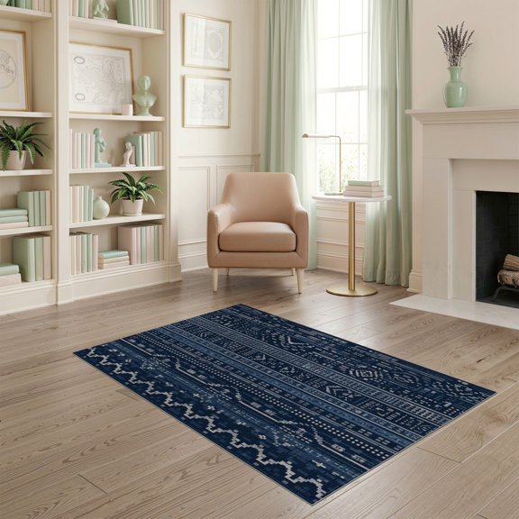 ODIKA 4'x6' Blue Black Geometric Pattern Washable Area Rug Intricate Motifs with Modern Flair for Home Office, Under Desk, Non-Slip Chair-Friendly, Flatwoven