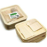 Party Set of 150 Eco-Friendly Dinnerware - 50 Large Square 10" Palm Leaf Plates, 50 Wood Forks, 50 Wood Knives - Elegant Disposable Compostable