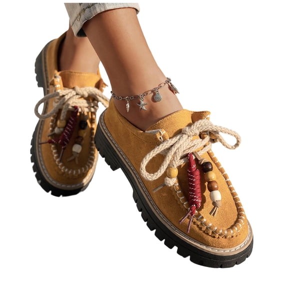 Loafers for Women Comfortable Slip On Suede Loafer Work Flats Shoes for Casual Walking Lightweight Beaded Lace-Up Shoes for Women