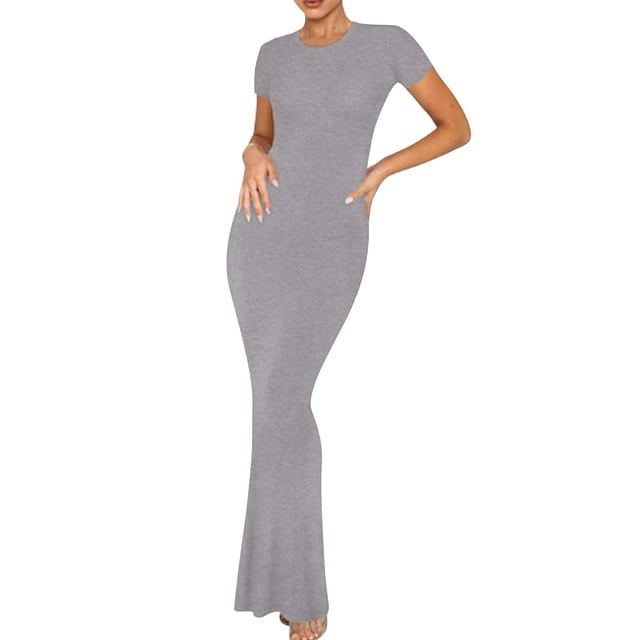 Gspmoly Robe d'Été, Robe Élégante à Manches Longues et Col Rond pour Femmes, Couleur Unie, Ajustée avec Boutons, Robes de Travail pour Femmes Offres Prime