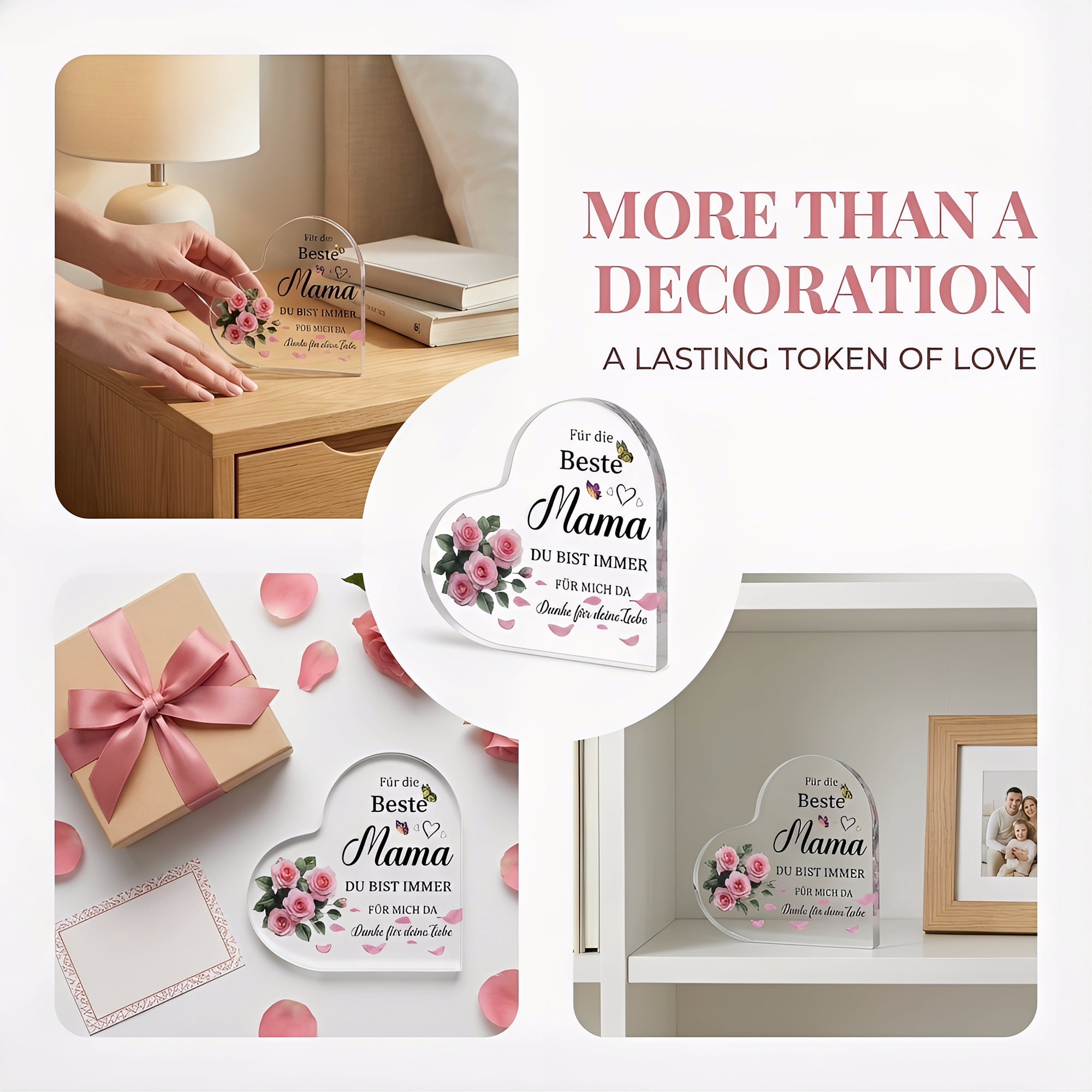 Unique Bargains Acrylic Heart Desk Sign Gift Keepsake Plaque for Coworker Boss Friend Roses Pattern 10"L x 10"W x 1"H