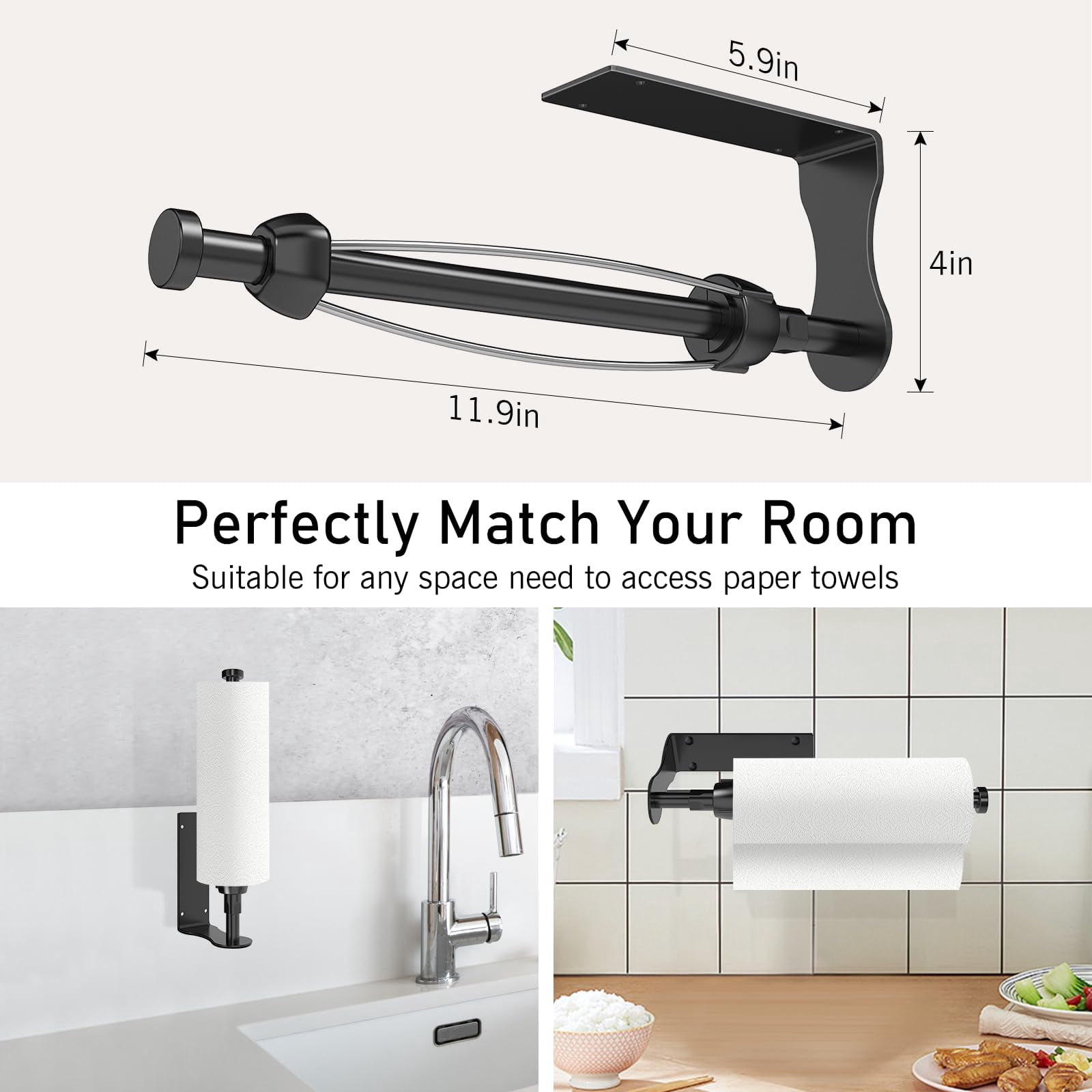 Single-Hand Paper Towel Holder Under Cabinet with Adjustable Damper, Easy Tear, Wall Mount or Self-Adhesive, Black