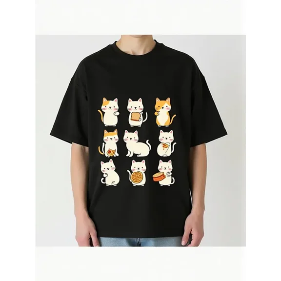 Mofusand Cartoon Cat Faces T-Shirt - 6 Playful Cat Illustrations, Soft Cotton Blend, Short Sleeve Crew Neck, Machine Washable, Black with Colorful Design, Regular Fit Casual