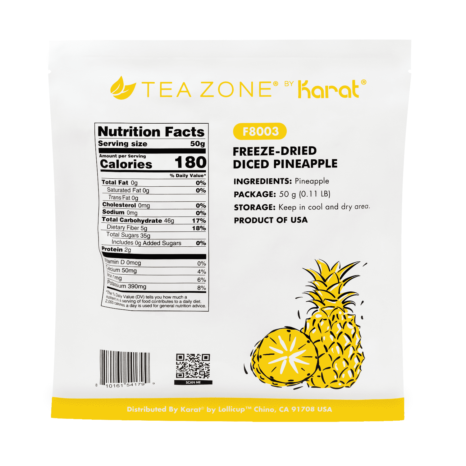 [12 Pack] Tea Zone Freeze-Dried Pineapple, Diced - 1.76 oz Each